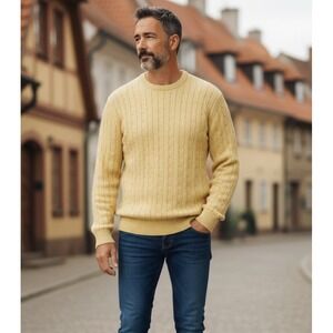 Men's Yellow Cable Knit Crewneck Sweater